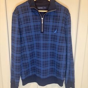 Nautica Men's Quarter Zip Cotton Blend Pullover Plaid Sweatshirt Blue Size L